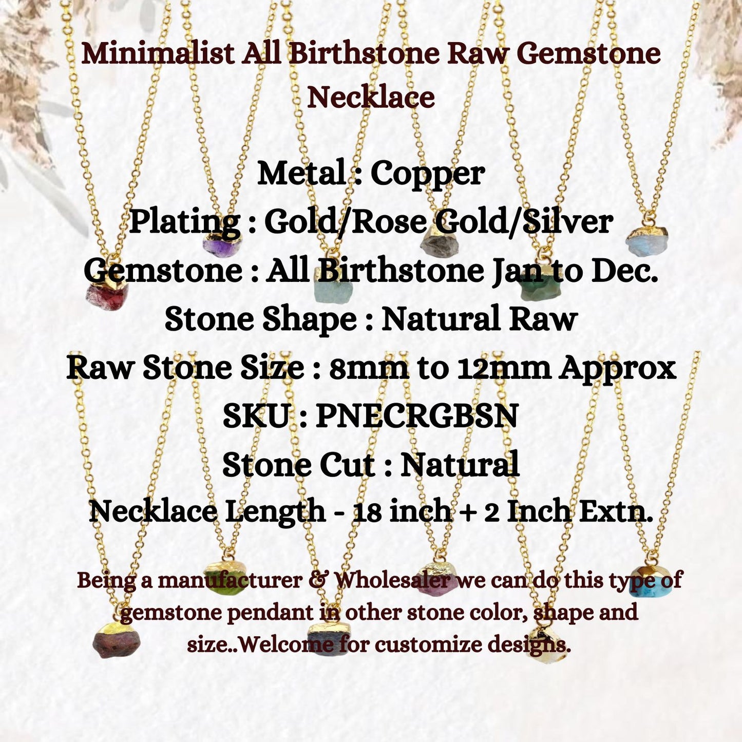 Minimalist All Birthstone Raw Gemstone Necklace, Gold/Rose Gold/Silver Plated Handmade Pendant Jewelry-Selling/Piece