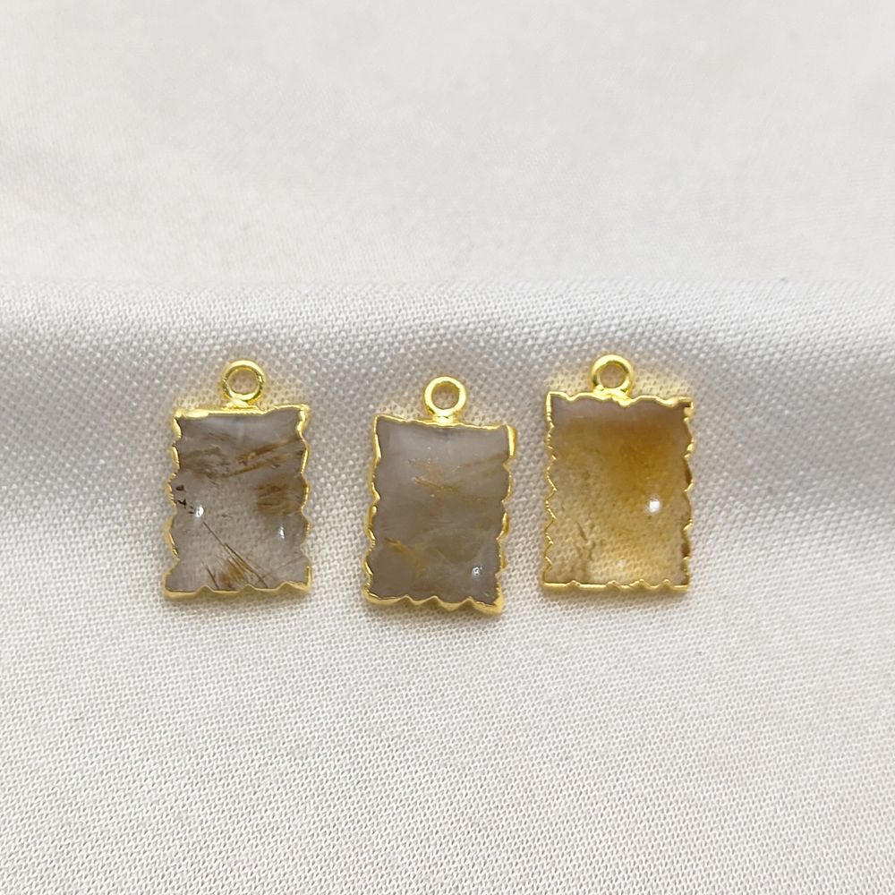 Gold Electroplated Golden Rutile Pendant Necklace 16x12mm Rectangle Gemstone Zig Zag Jewelry