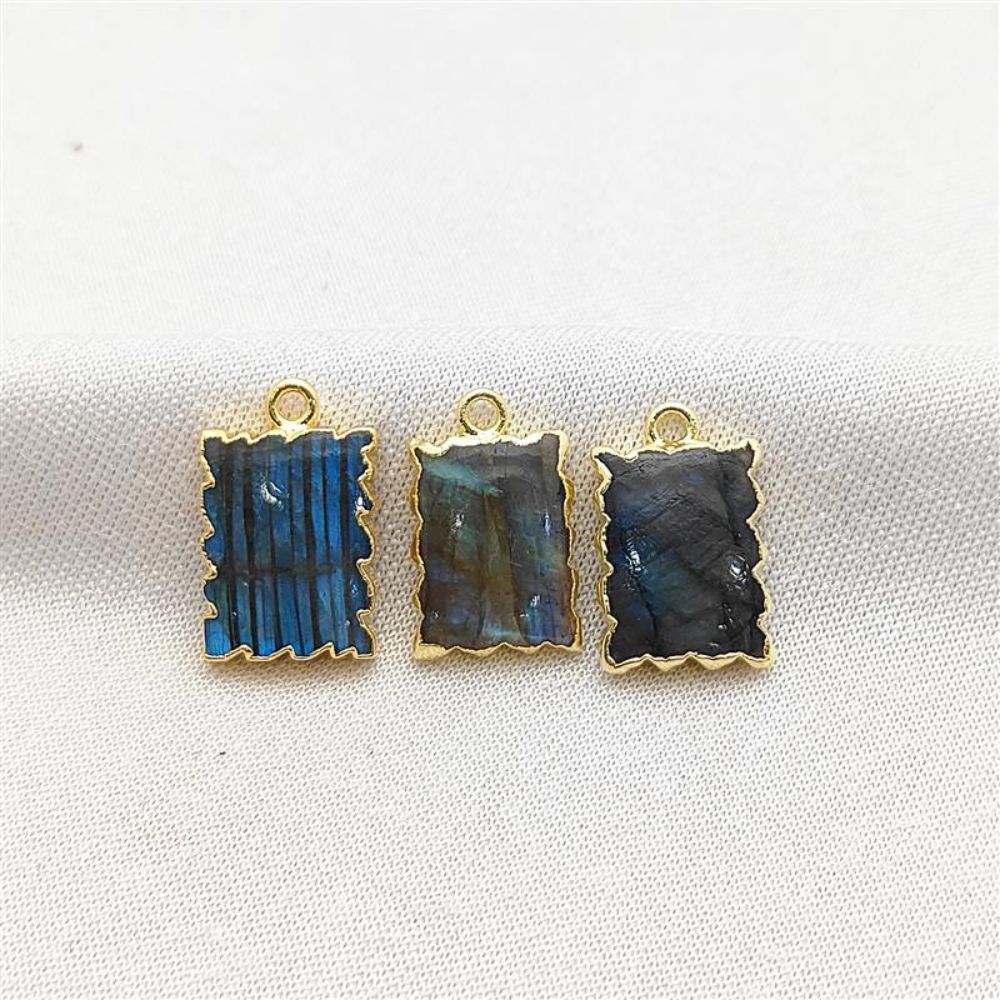 Gold Electroplated Labradorite Rectangle Gemstone Slice Pendant, Handmade Zig Zag Design Jewelry