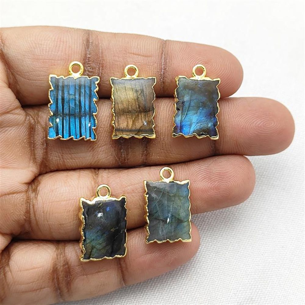 Elegant Handmade Gold Electroplated Labradorite Gemstone Pendant, Rectangle Zig Zag Slice Jewelry