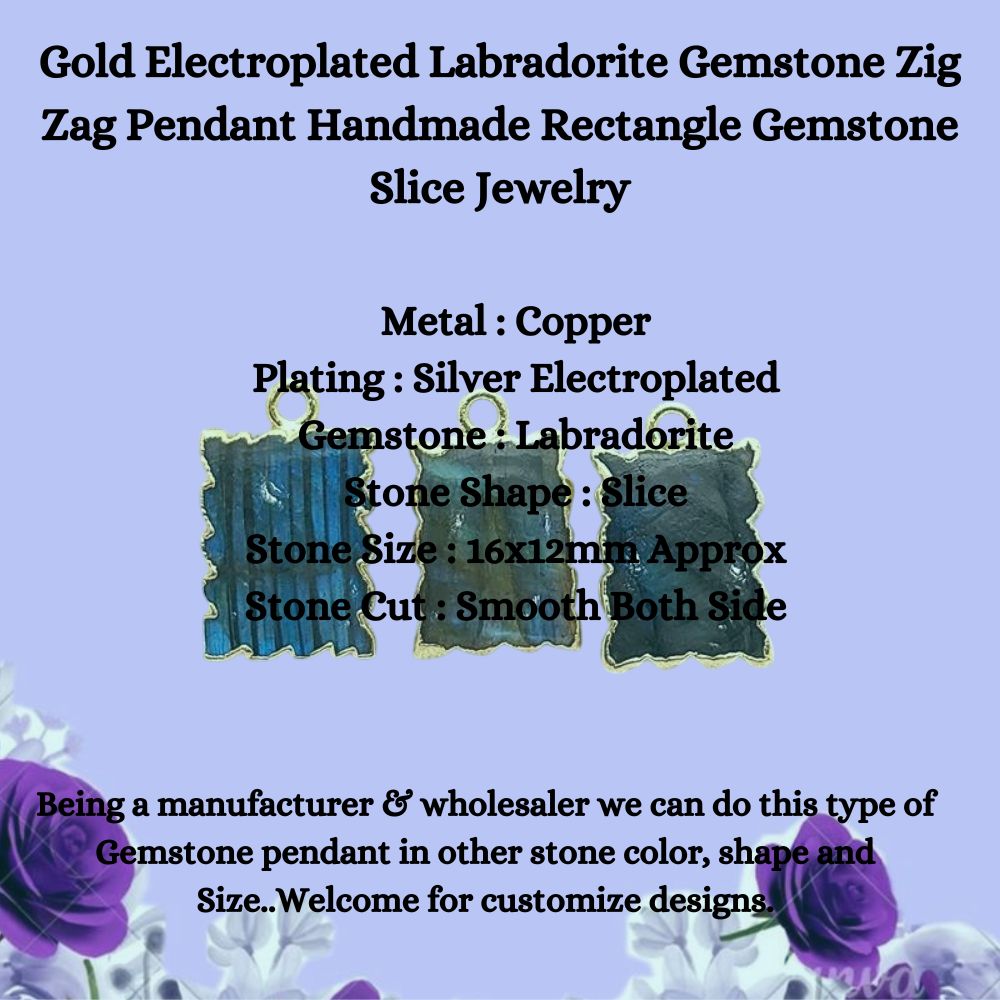 Handmade Gold Electroplated Labradorite Pendant, Rectangle Gemstone Slice with Zig Zag Design