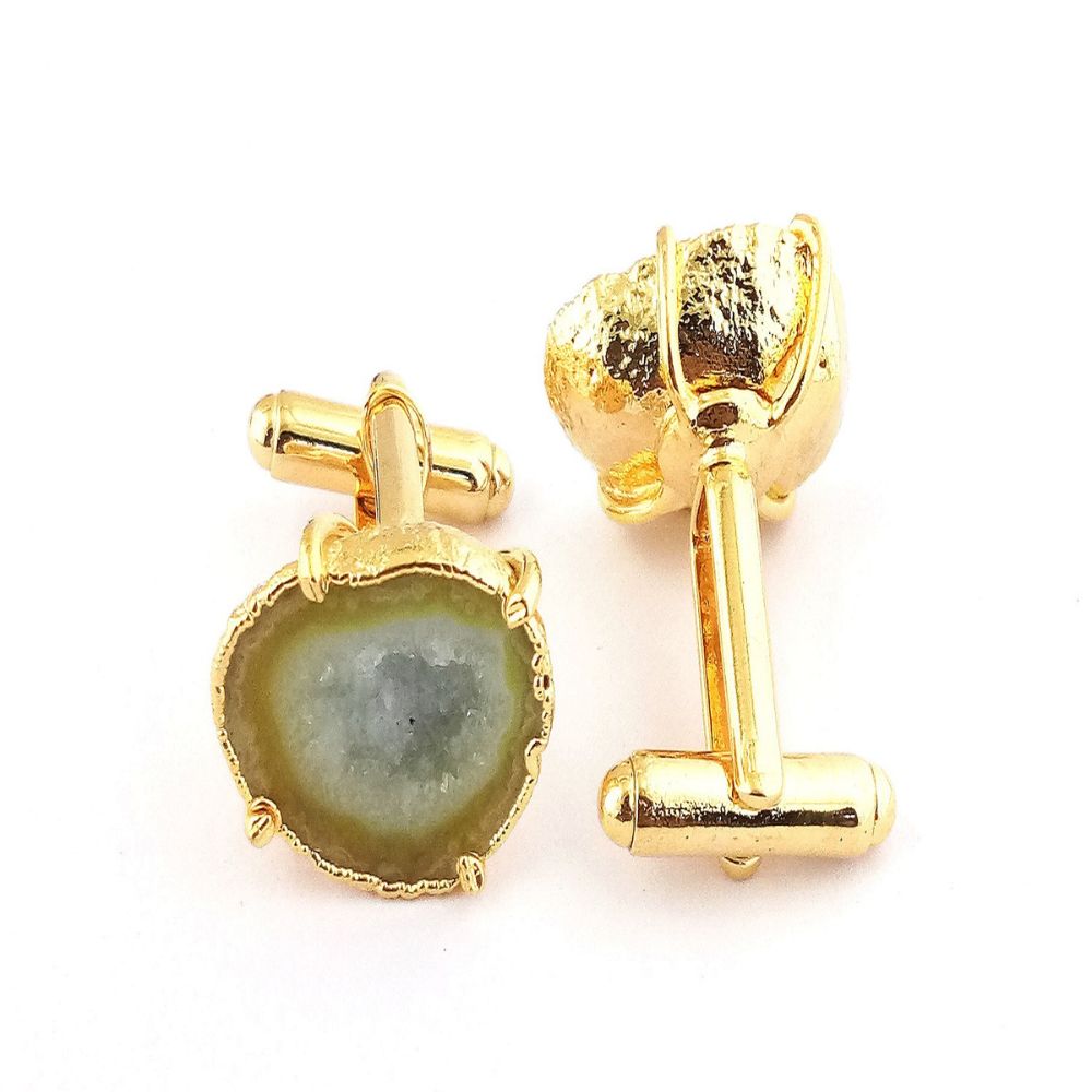 Men’s Handmade Yellow Druzy Cufflinks - Gold Electroplated Natural Geode Stone Pair