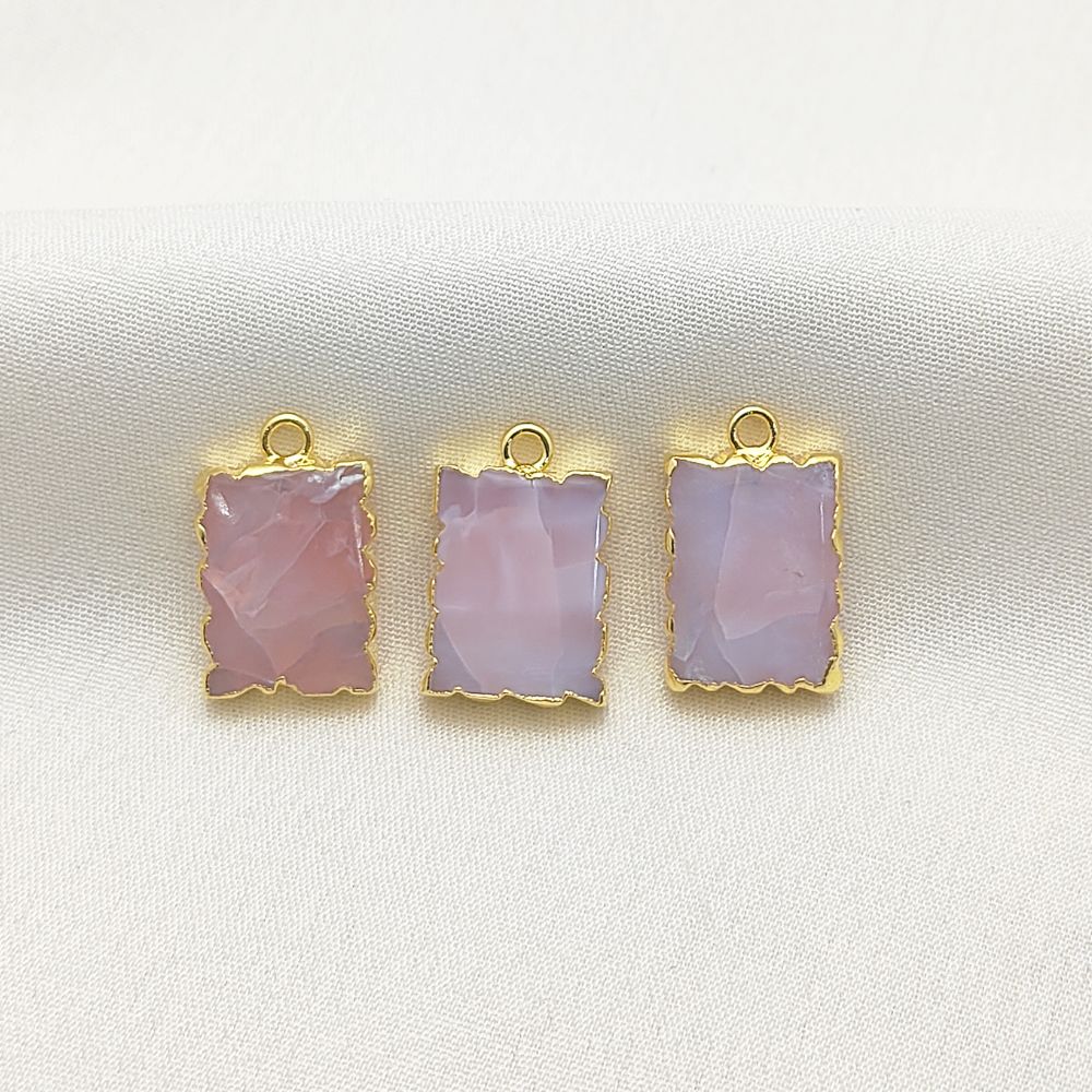 Gold Pink Opal Necklace 16x12mm Handmade Rectangle Gemstone Slice Pendant