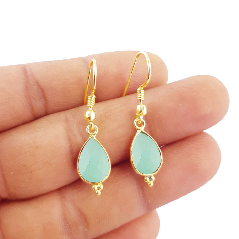 Gold Plated 12x8mm Aqua Chalcedony Teardrop Dangle Earrings Bezel Set Minimalist Jewelry Gift- Selling Per Pair