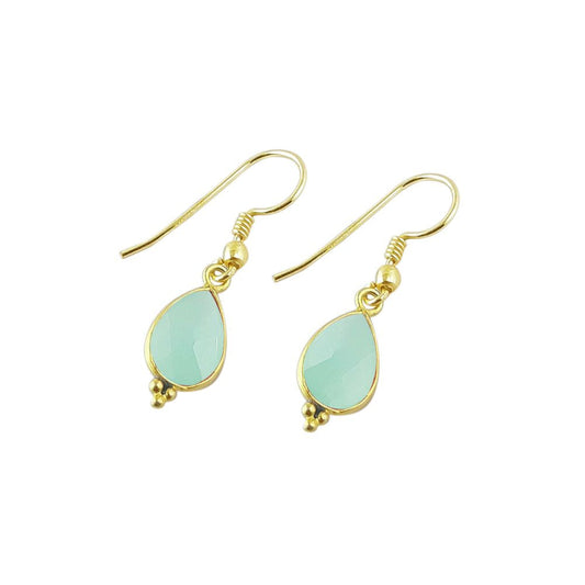 Handmade Aqua Chalcedony Teardrop Earrings – 12x8mm Bezel Set Gold Plated Minimalist Jewelry