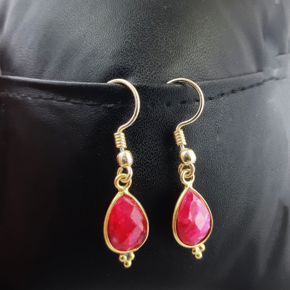 Bezel Set Ruby Dangle Earrings – Elegant Gold Plated Jewelry for Women