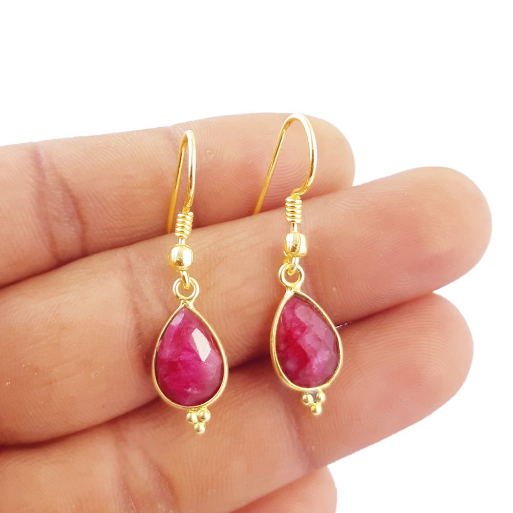 Minimalist Ruby Earrings – 12x8mm Teardrop Gold Plated July Birthstone Jewelry