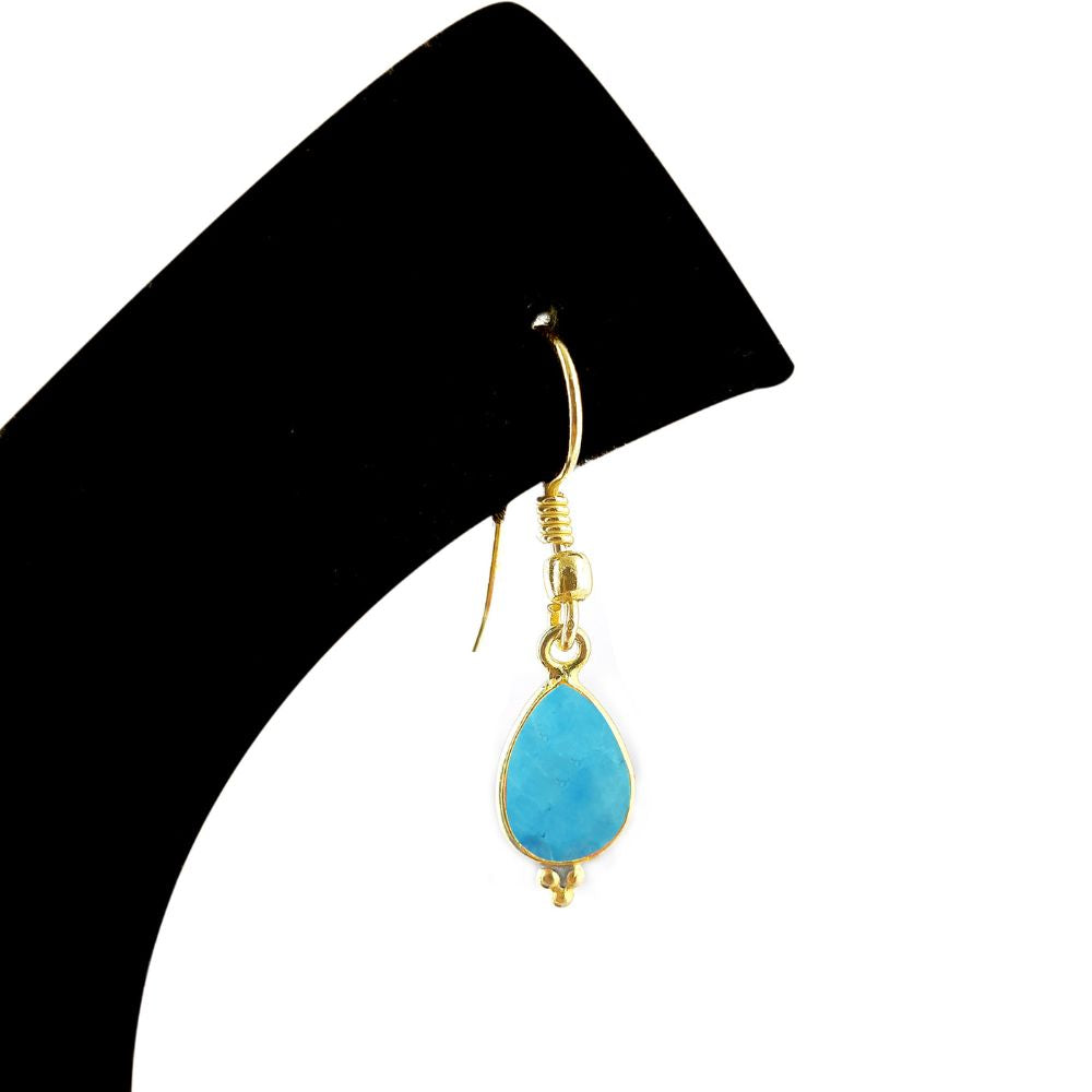 Gold Plated 12x8mm Turquoise Dangle Gemstone Earrings Bezel Set Handmade Birthstone Dainty Jewelry- Selling Per Pair