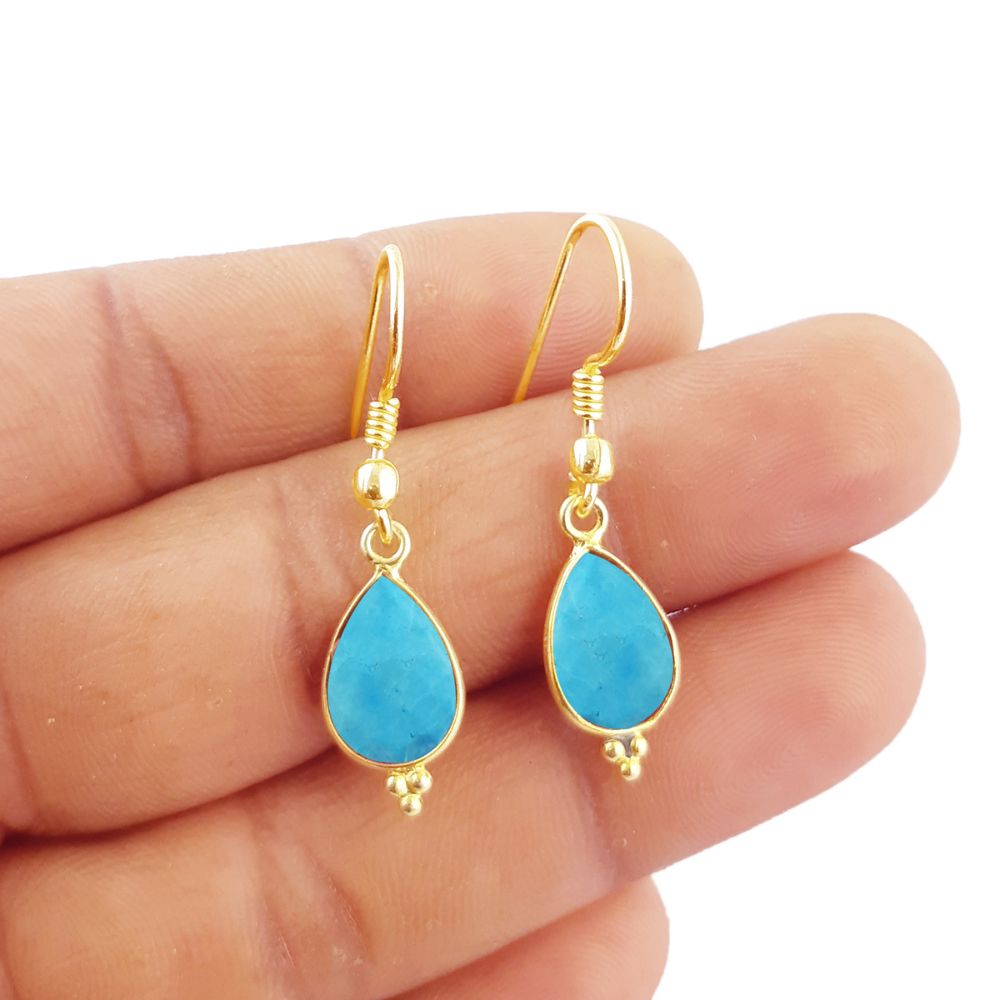 Minimalist Turquoise Earrings – 12x8mm Teardrop Gold Plated Birthstone Jewelry