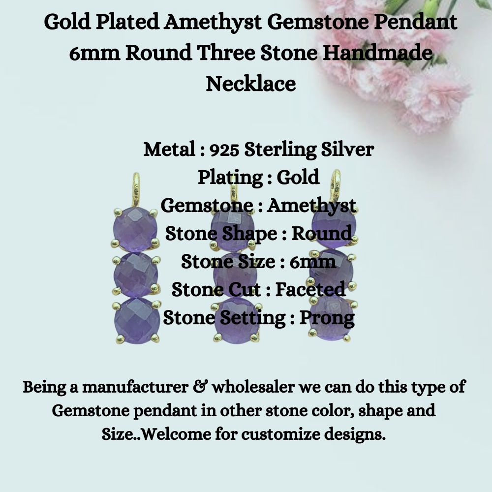 Handmade three-stone amethyst necklace in gold plated silver