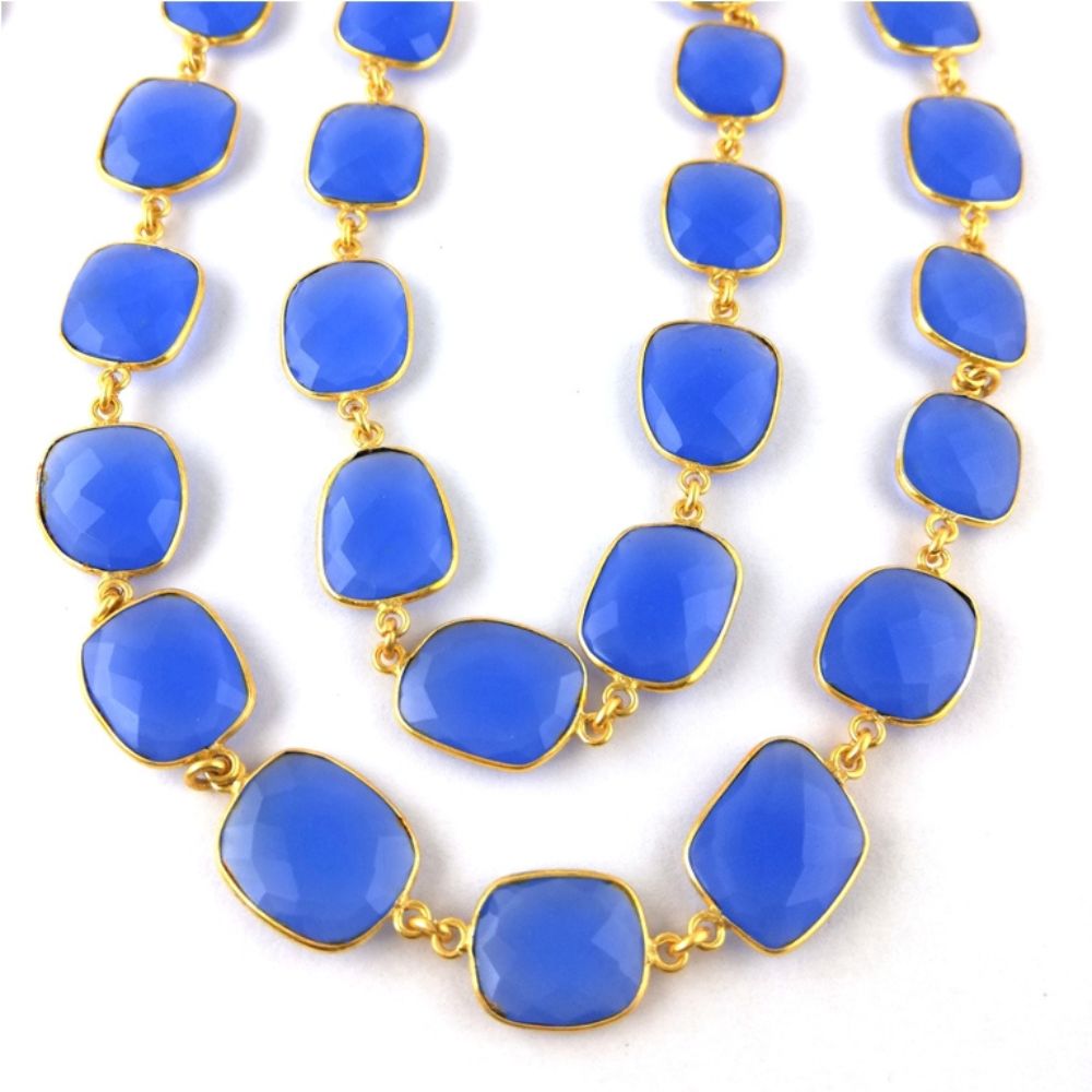 Gold Plated Blue Chalcedony Chain – Bezel Gemstone Connectors for Jewelry Making