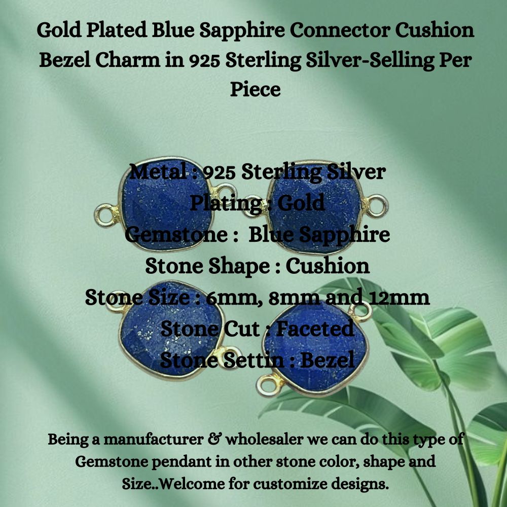 Faceted blue sapphire gemstone bezel charm gold plated sterling silver connector
