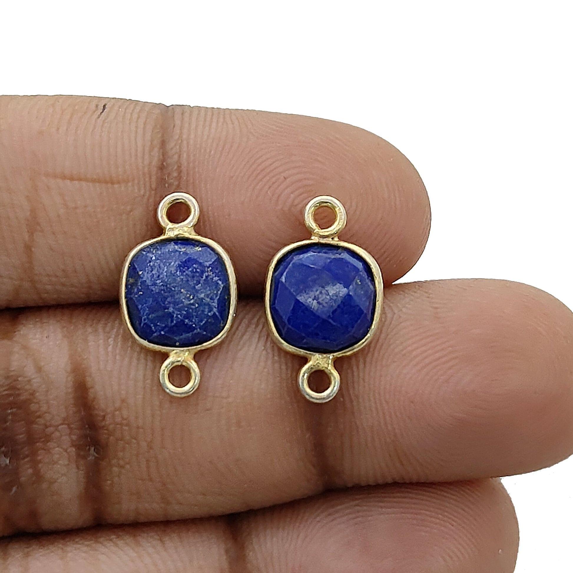 Handmade blue sapphire cushion bezel charm gold plated 925 silver jewelry connector