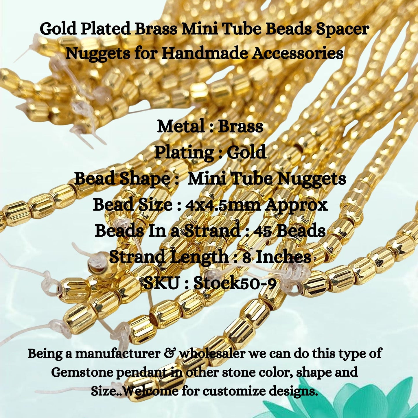 Close-up of mini tube-shaped gold plated brass spacer beads