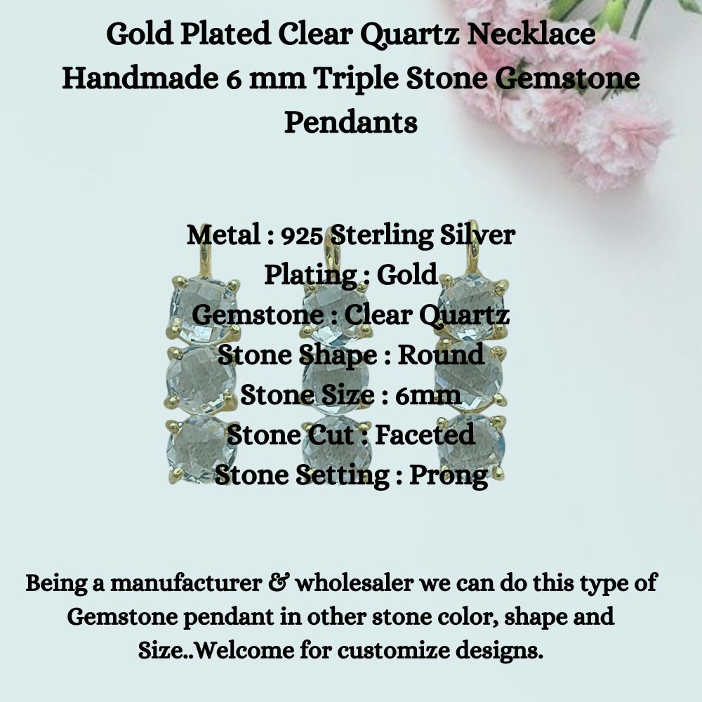 Handmade triple stone clear quartz pendant necklace