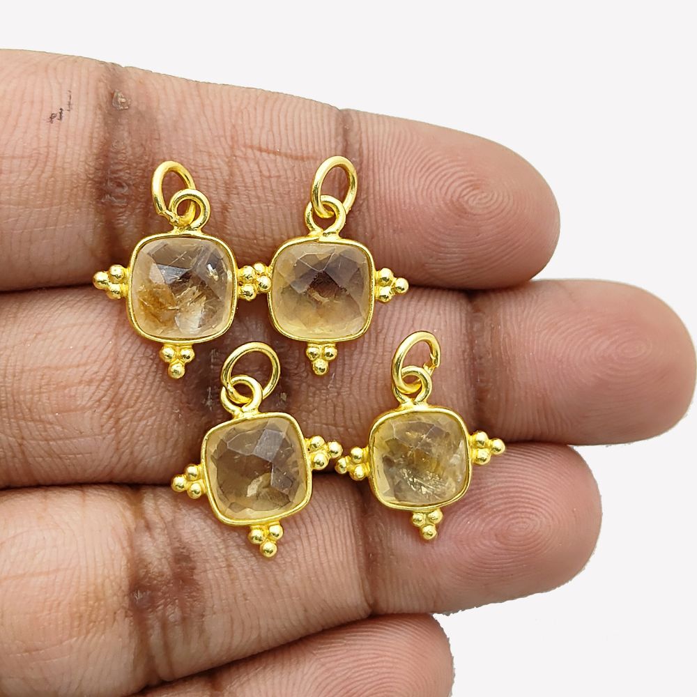 Handmade Citrine Pendant - 8mm Cushion Cut, Gold Plated Sterling Silver Jewelry Gift