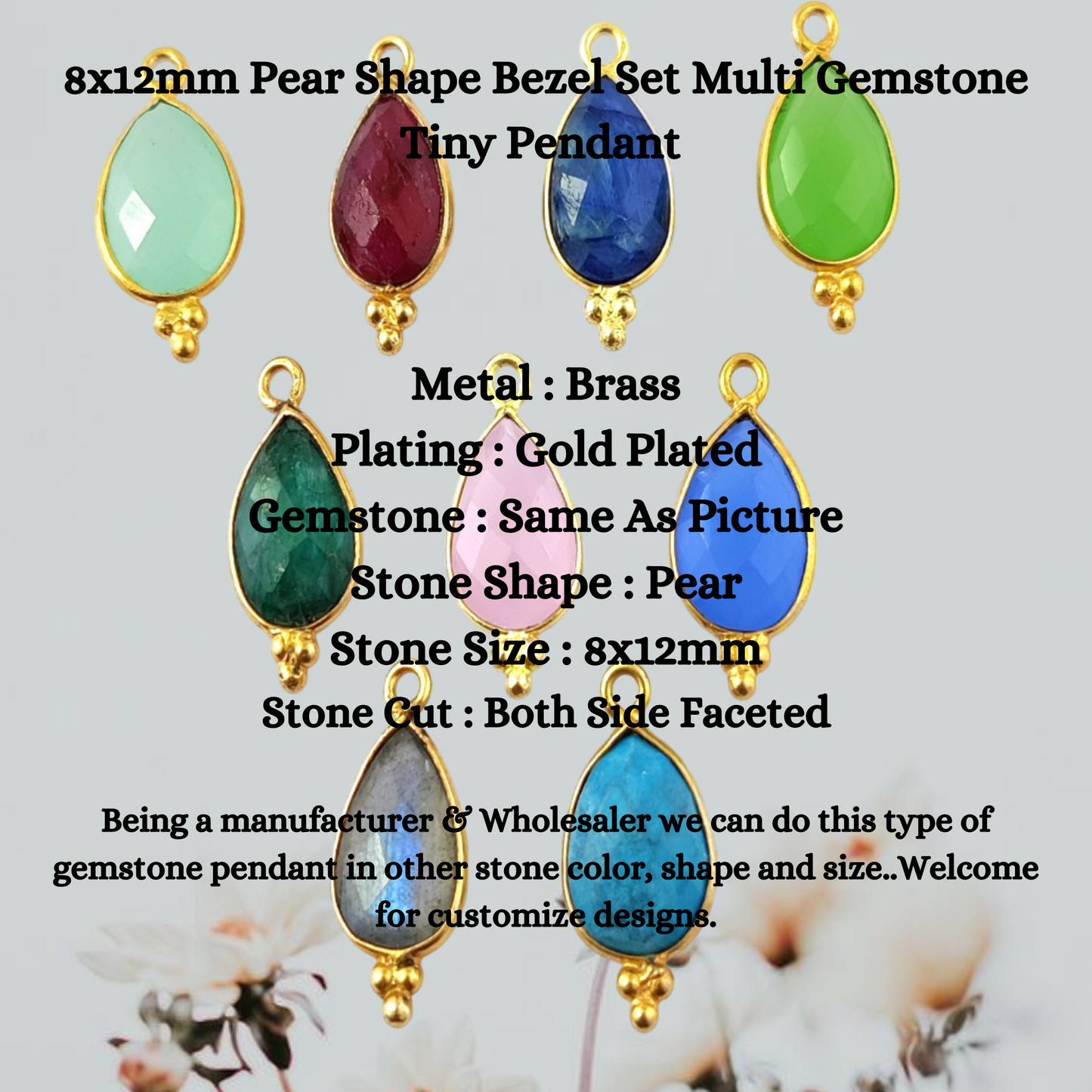 Solid Gold Plated 8x12mm Pear Shape Bezel Set Multi Gemstone Tiny Pendant for Jewelry Making- Selling Per Piece