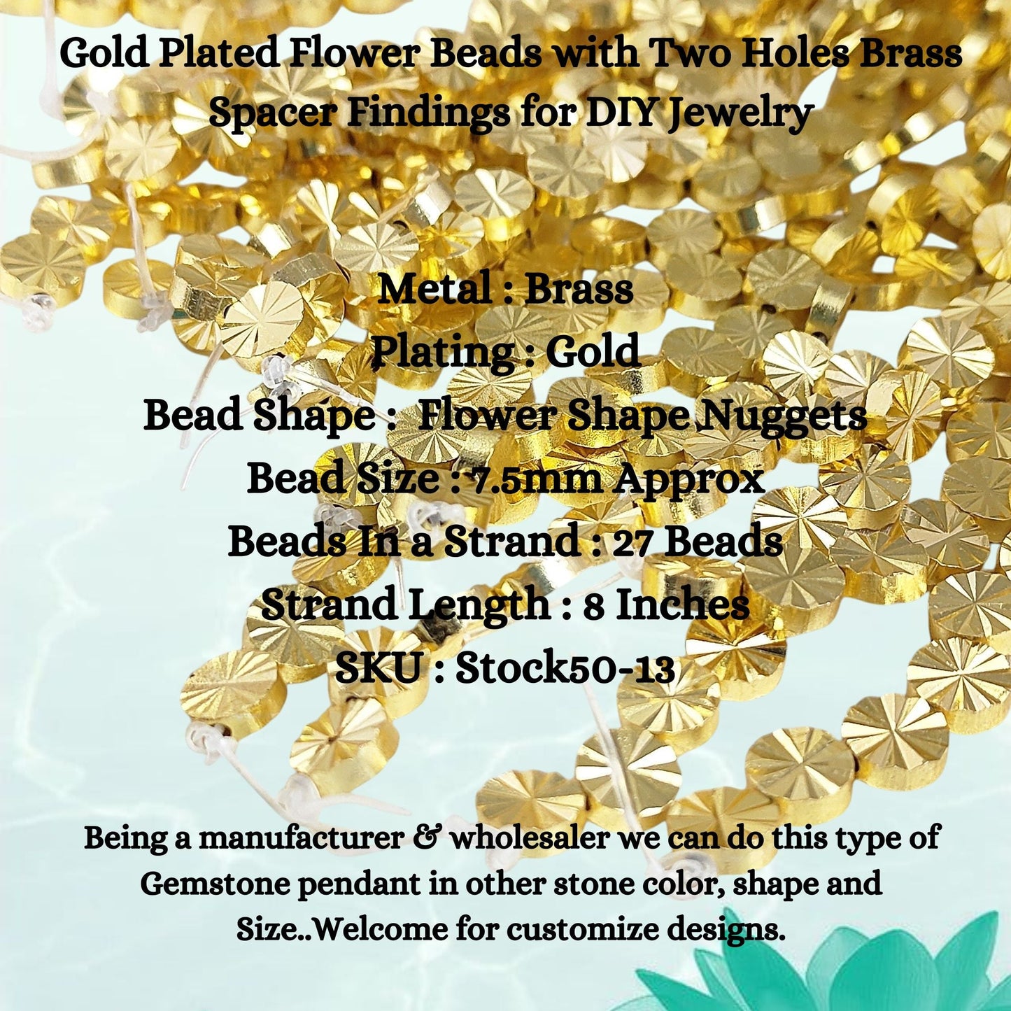 Close-up of two-hole flower shaped gold plated brass spacer beads