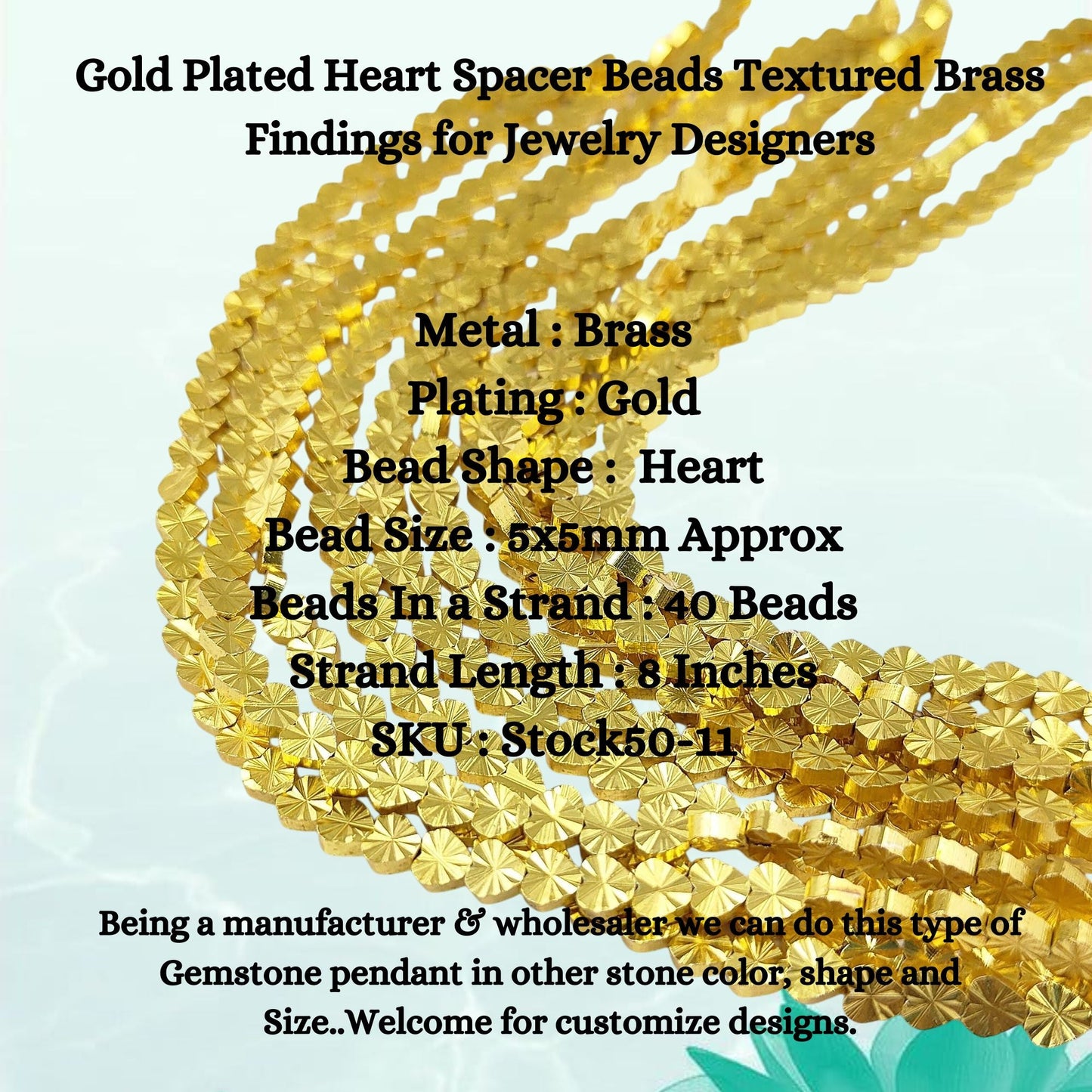 Close-up of textured heart shaped gold plated brass spacer beads