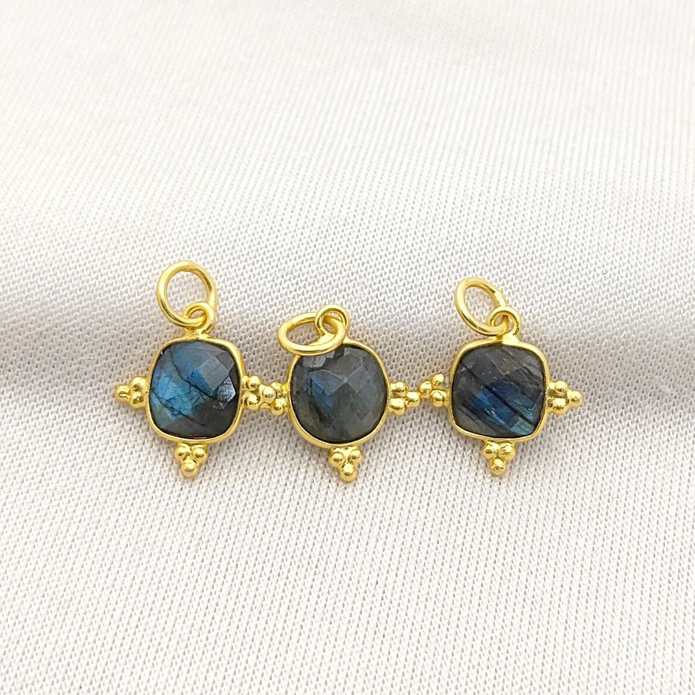 Gold Plated Labradorite Charm 8mm Cushion Gemstone, Handmade Sterling Silver Jewelry