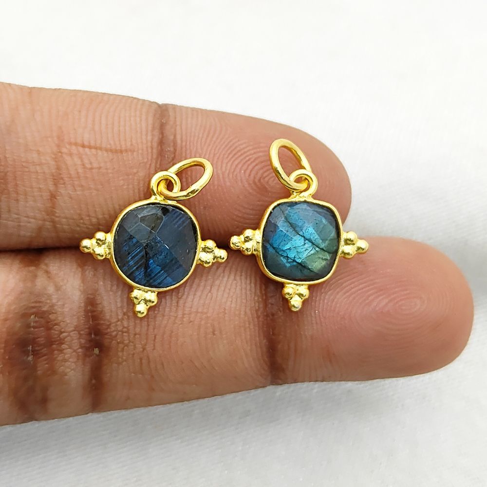 Handmade Labradorite Charm - 8mm Cushion Cut, Gold Plated Sterling Silver Jewelry