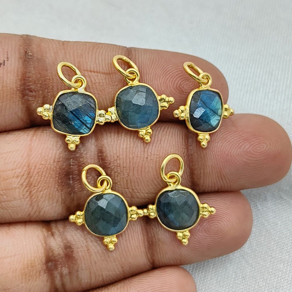 Gold Plated Labradorite Charm - 8mm Cushion Gemstone, Handmade Sterling Silver Necklace