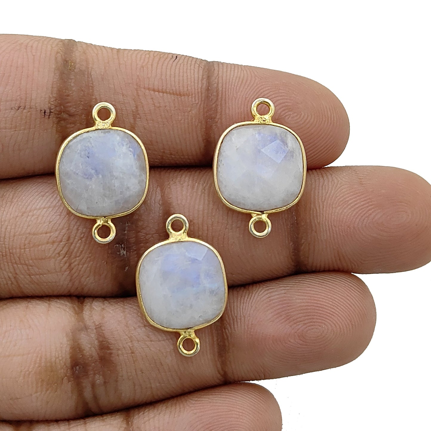 Handmade rainbow moonstone birthstone connector charm gold plated 925 silver bezel