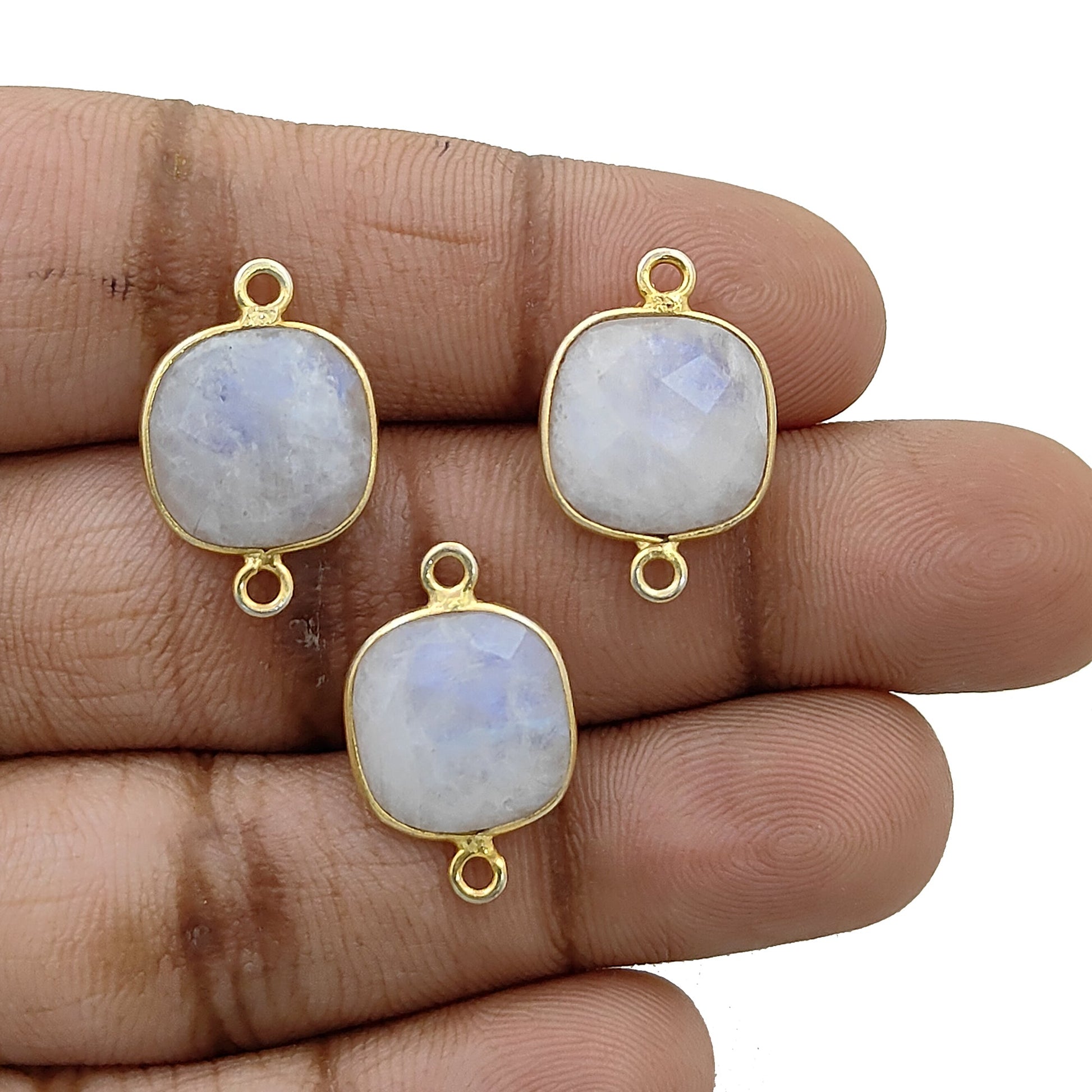 Handmade rainbow moonstone birthstone connector charm gold plated 925 silver bezel