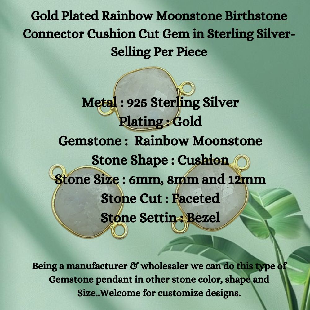 Faceted rainbow moonstone birthstone gemstone bezel charm handmade silver connector