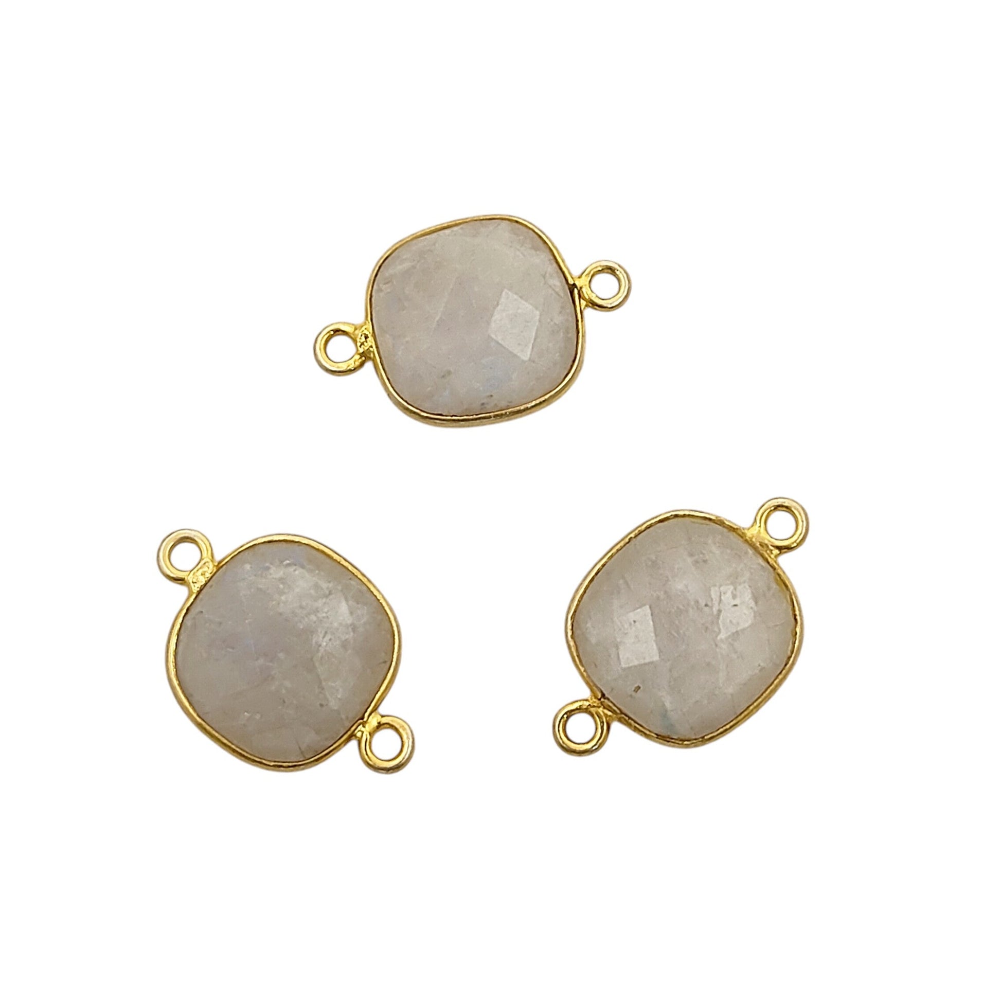Gold plated rainbow moonstone cushion cut connector charm in sterling silver bezel