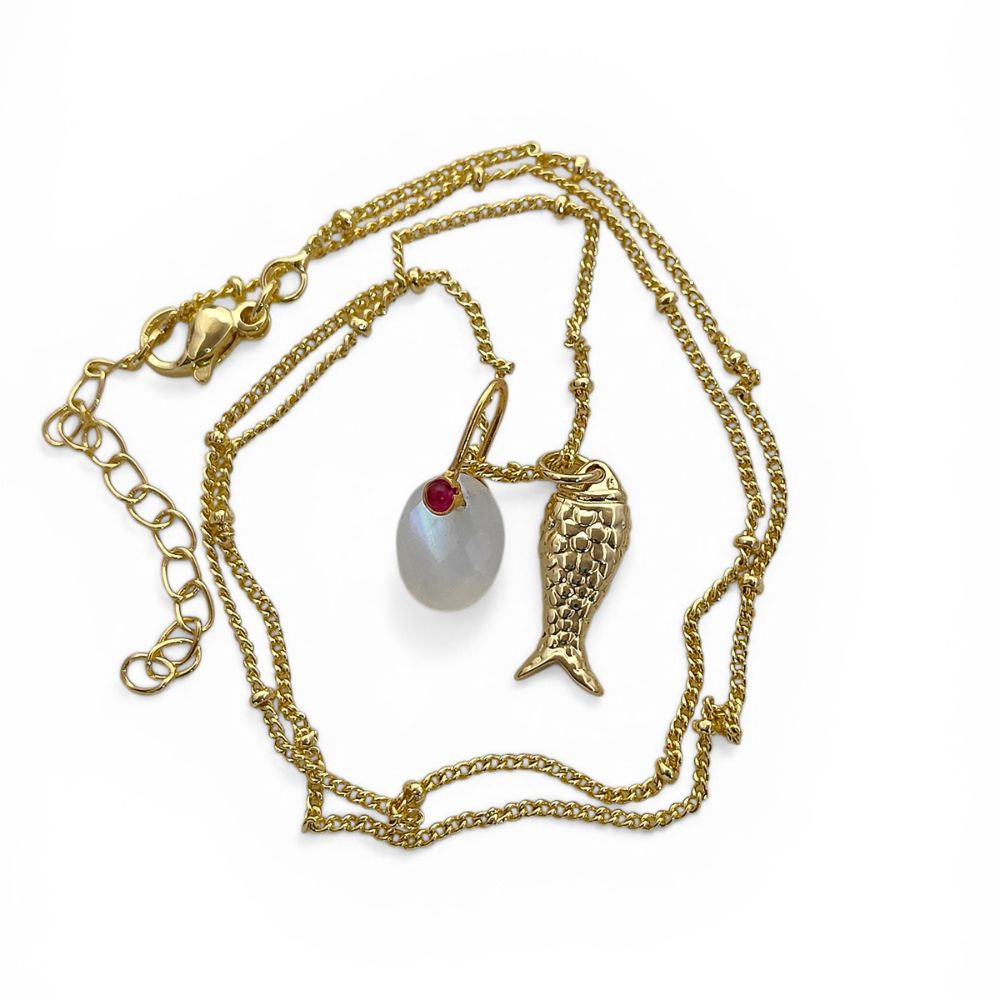 Gold Plated Rainbow Moonstone Fish Necklace, Tropical Beach Charm Pendant, Layered Ocean Inspired Jewelry for Women