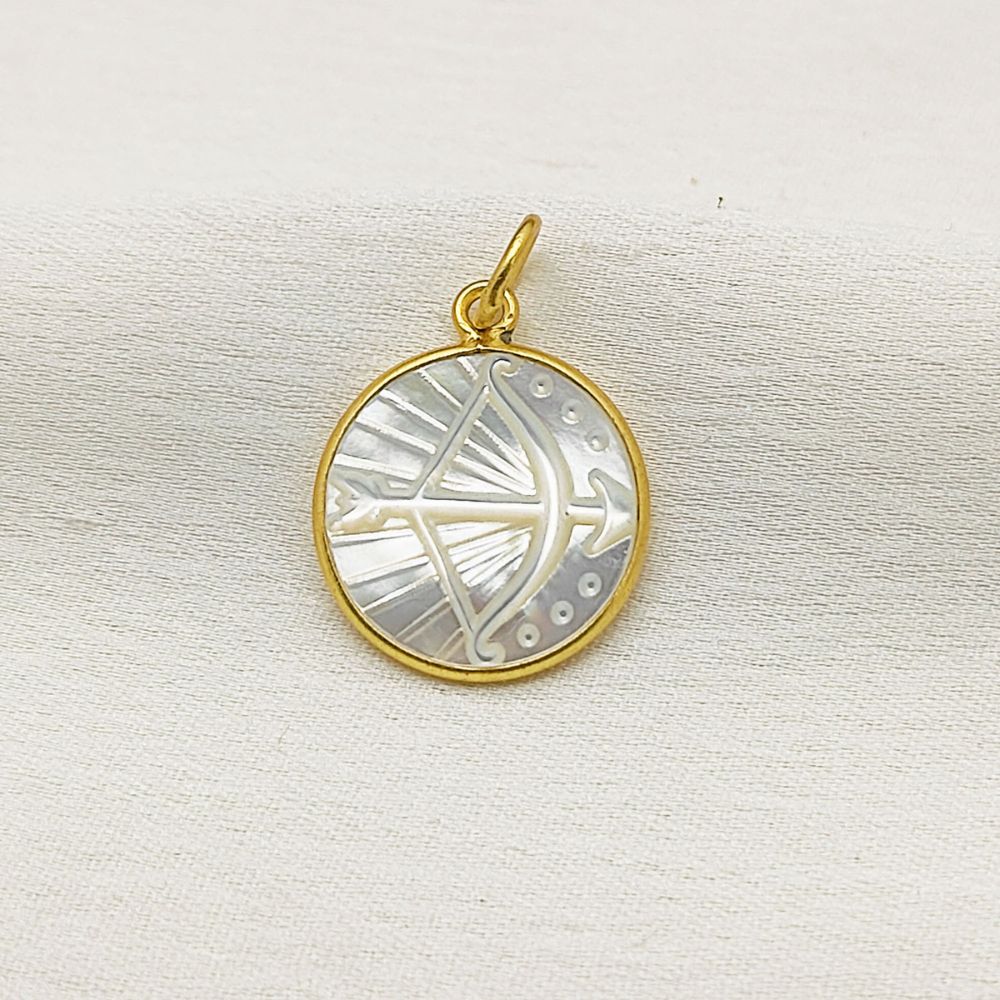 Gold Sagittarius Star Sign Pendant with White Pearl Accent