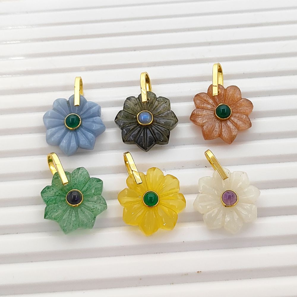 White Moonstone Healing Crystal Pendant Hand Carved Gemstone Flower in Gold Plated Sterling Silver Unique Handmade Jewelry- Selling Per Piece
