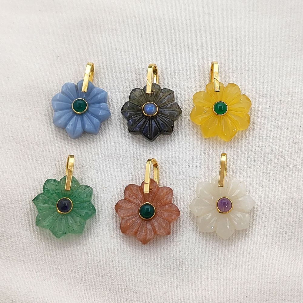 Green Strawberry Quartz Flower Pendant Handmade Carved Gemstone Charms in Gold Plated Sterling Silver- Selling Per Piece