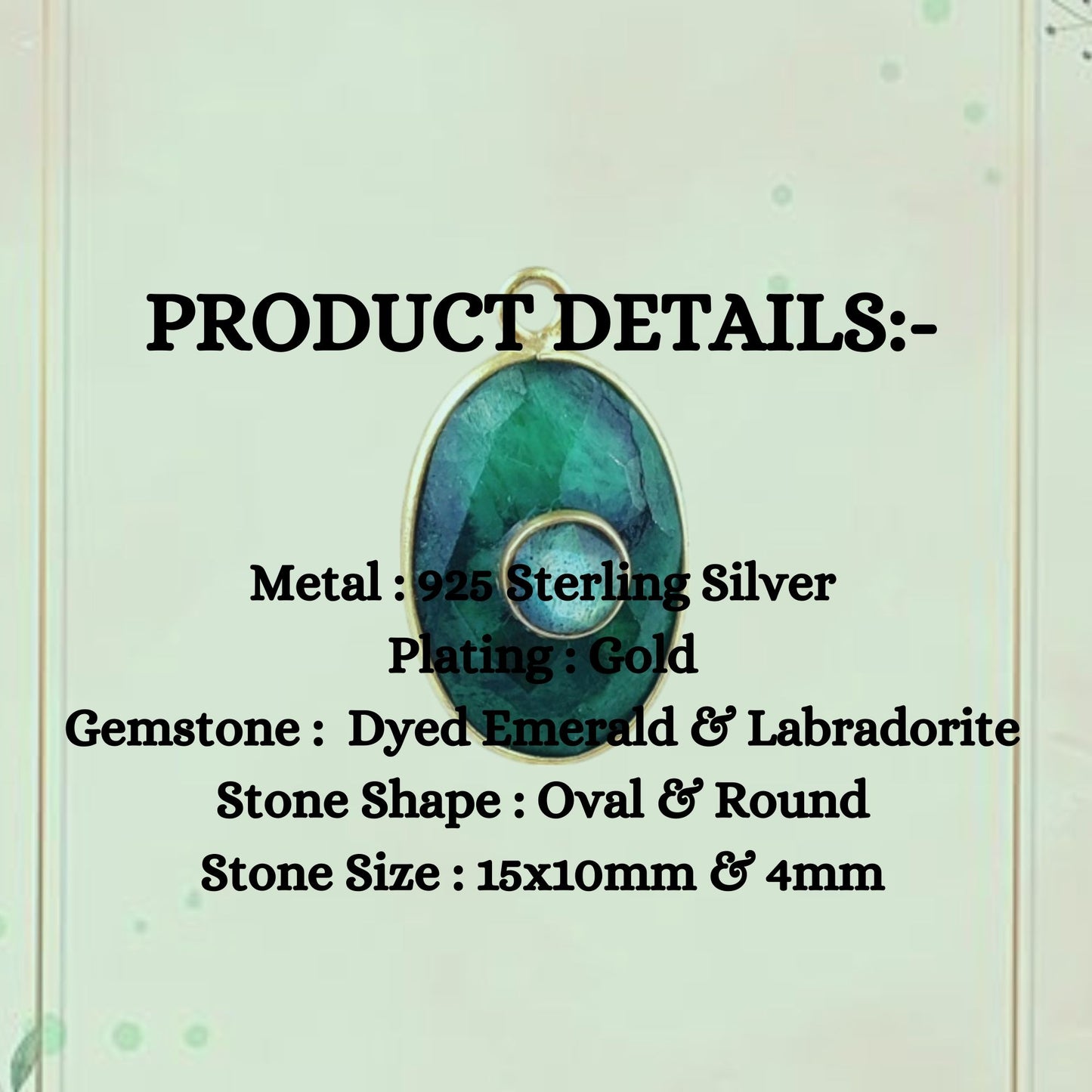 Stunning Oval Dyed Emerald Bezel Gemstone Charm Labradorite Double Stone Pendant Gold Vermeil Jewelry- Selling Per Piece