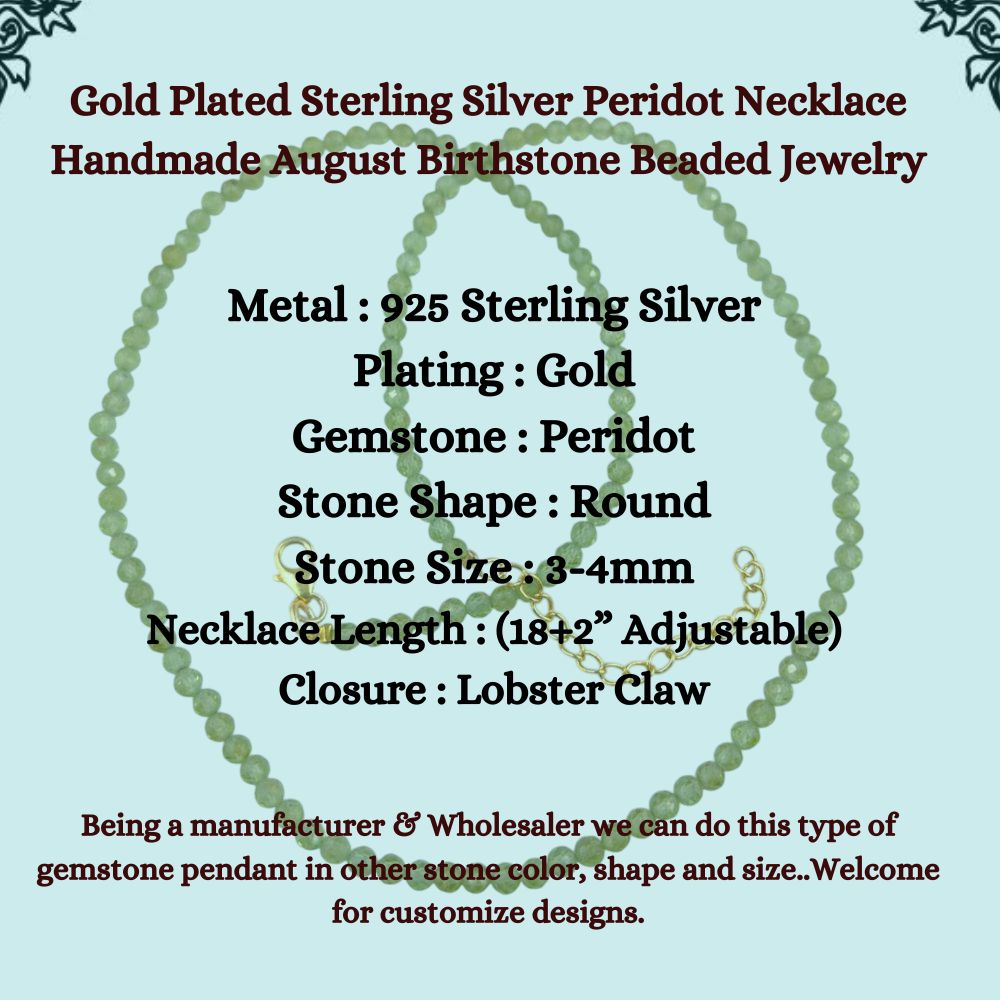 Gold Plated Sterling Silver Peridot Necklace Handmade August Birthstone Beaded Jewelry Boho Chic Statement Necklace (Adjustable 18+2 Inch Chain) – Selling/Piece