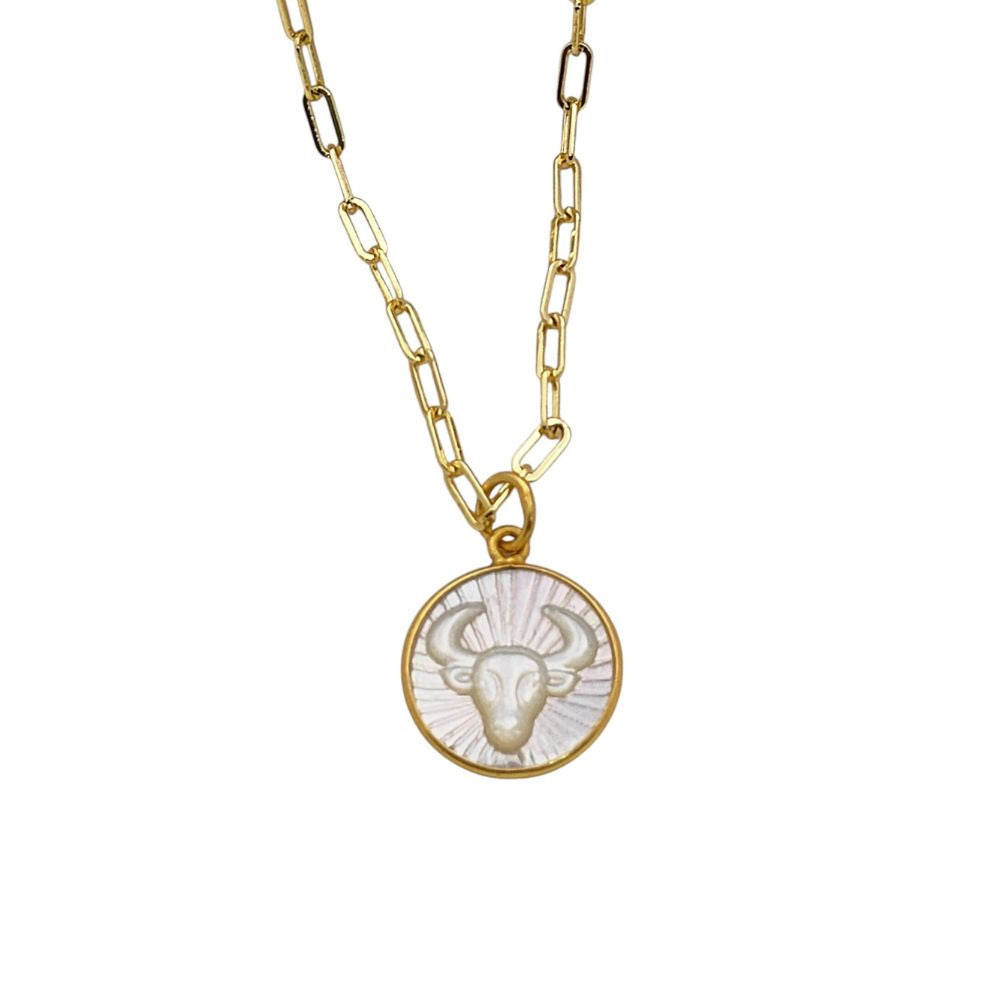 Mother of Pearl Zodiac Pendant for Necklace Gold Plated Astrology Sign Charm on Paperclip Chain Horoscope Jewelry Gift- Selling Per Piece