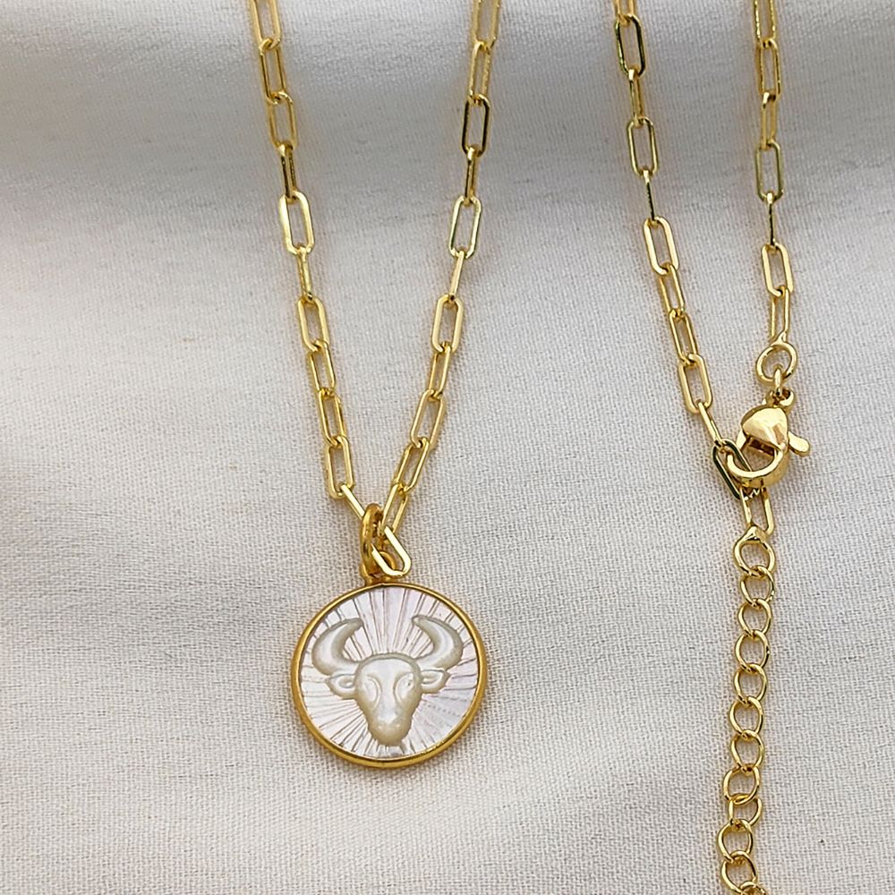 Mother of Pearl Zodiac Pendant for Necklace Gold Plated Astrology Sign Charm on Paperclip Chain Horoscope Jewelry Gift- Selling Per Piece