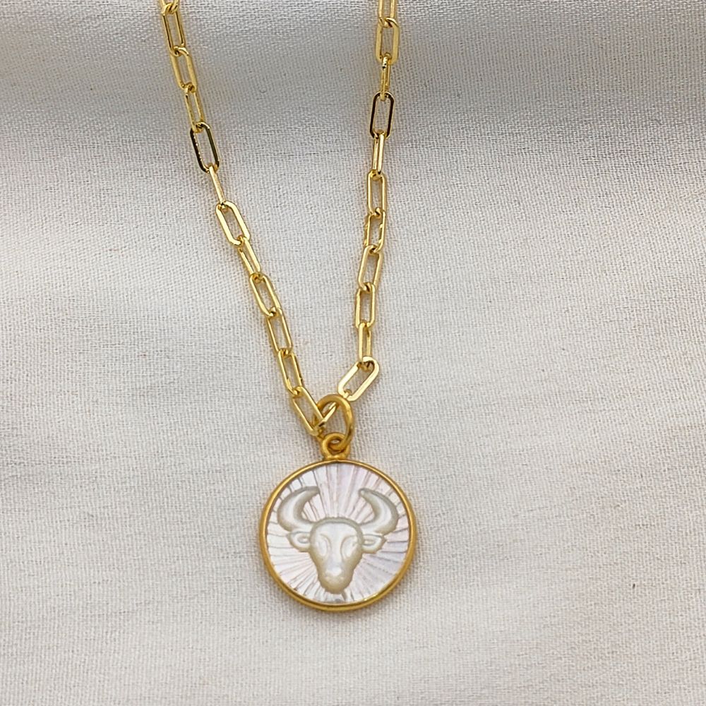 Mother of Pearl Zodiac Pendant for Necklace Gold Plated Astrology Sign Charm on Paperclip Chain Horoscope Jewelry Gift- Selling Per Piece