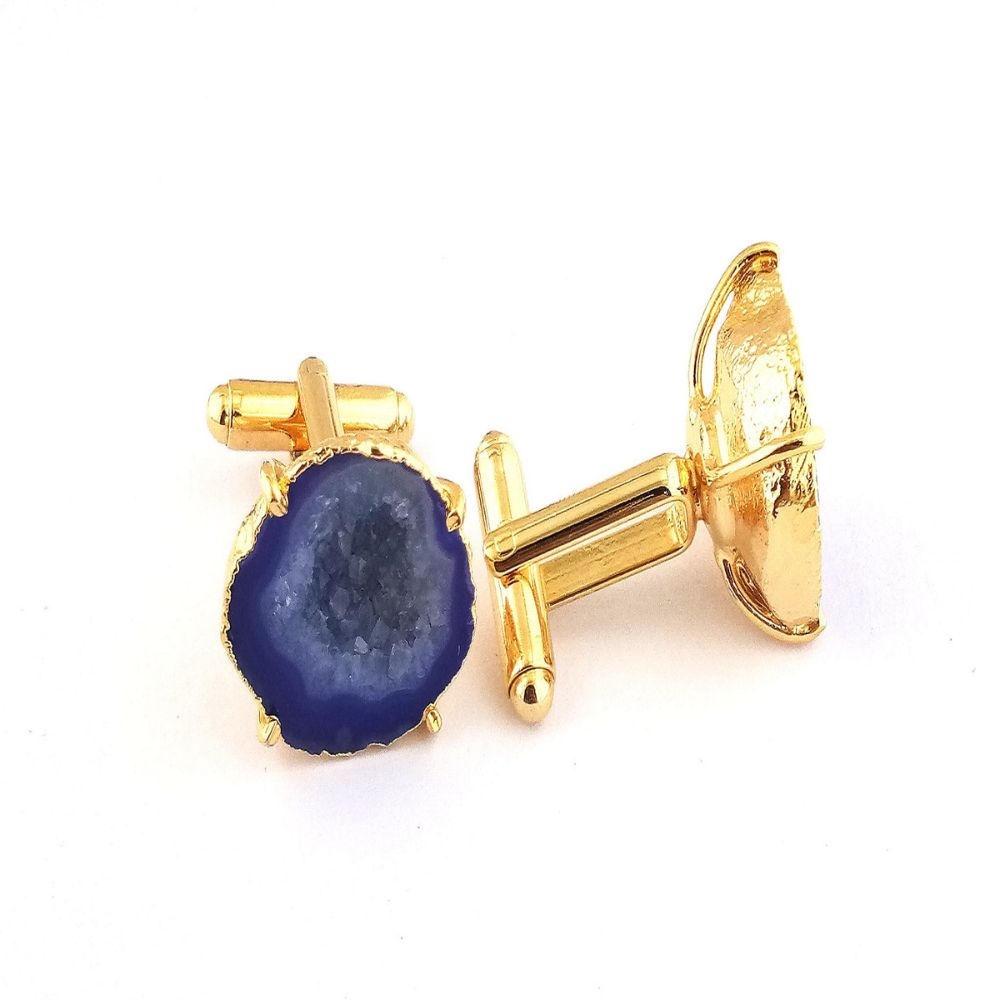 Gold Plated Violet Druzy Geode Cufflinks - Formal Men’s Jewelry Gift Set (Pair)