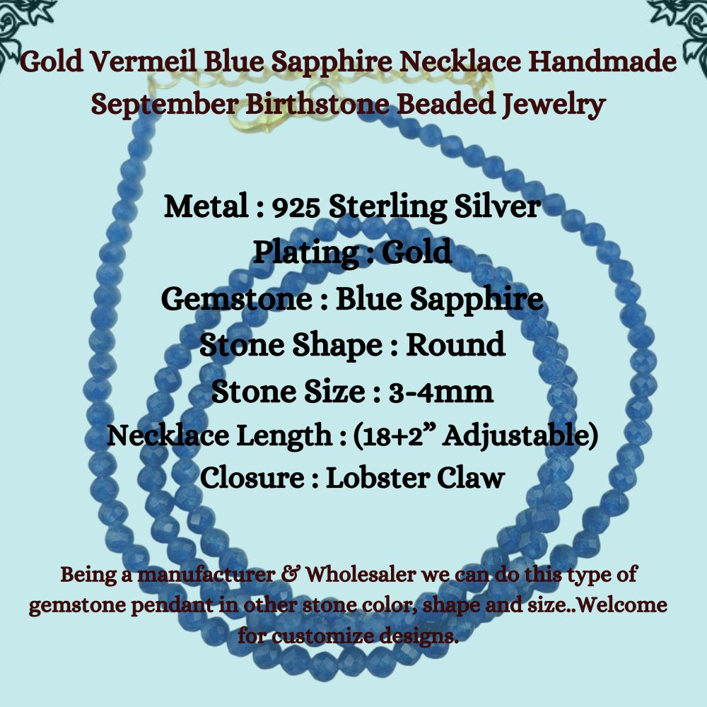 Gold Vermeil Blue Sapphire Necklace Handmade September Birthstone Beaded Jewelry Boho Chic Statement Necklace for Gift (Adjustable 18+2 Inch Chain) – Selling/Piece