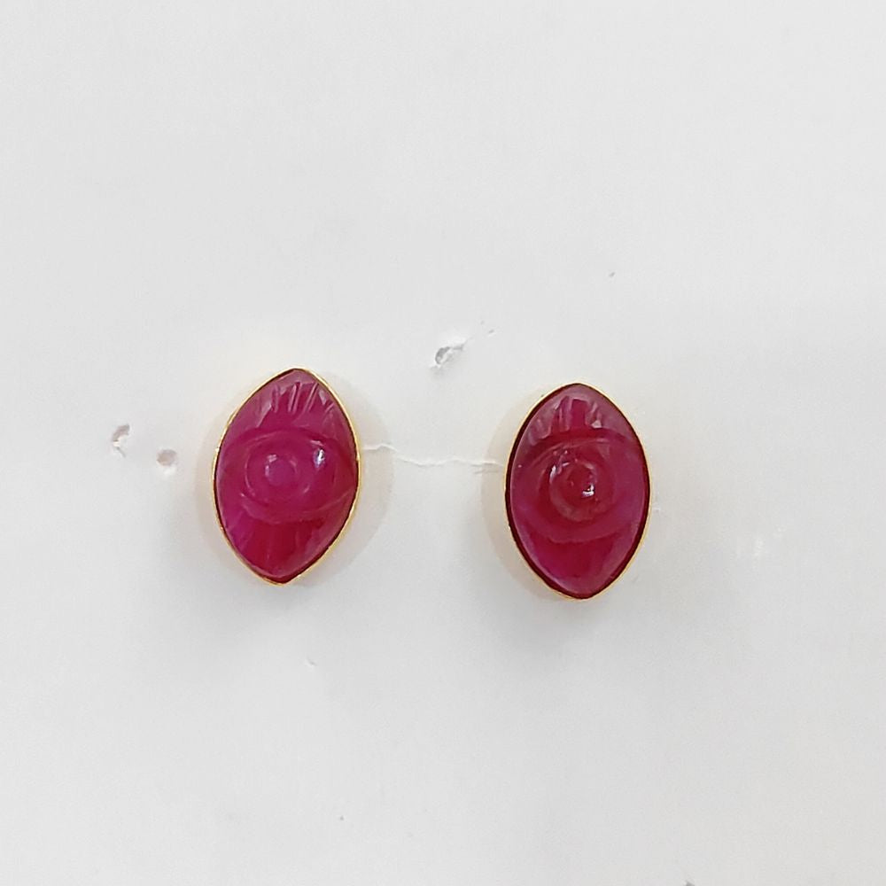 Gold Vermeil Evil Eye Earrings Hand Carved Dyed Ruby Marquise Studs, Boho Gemstone Style – Selling Per Piece