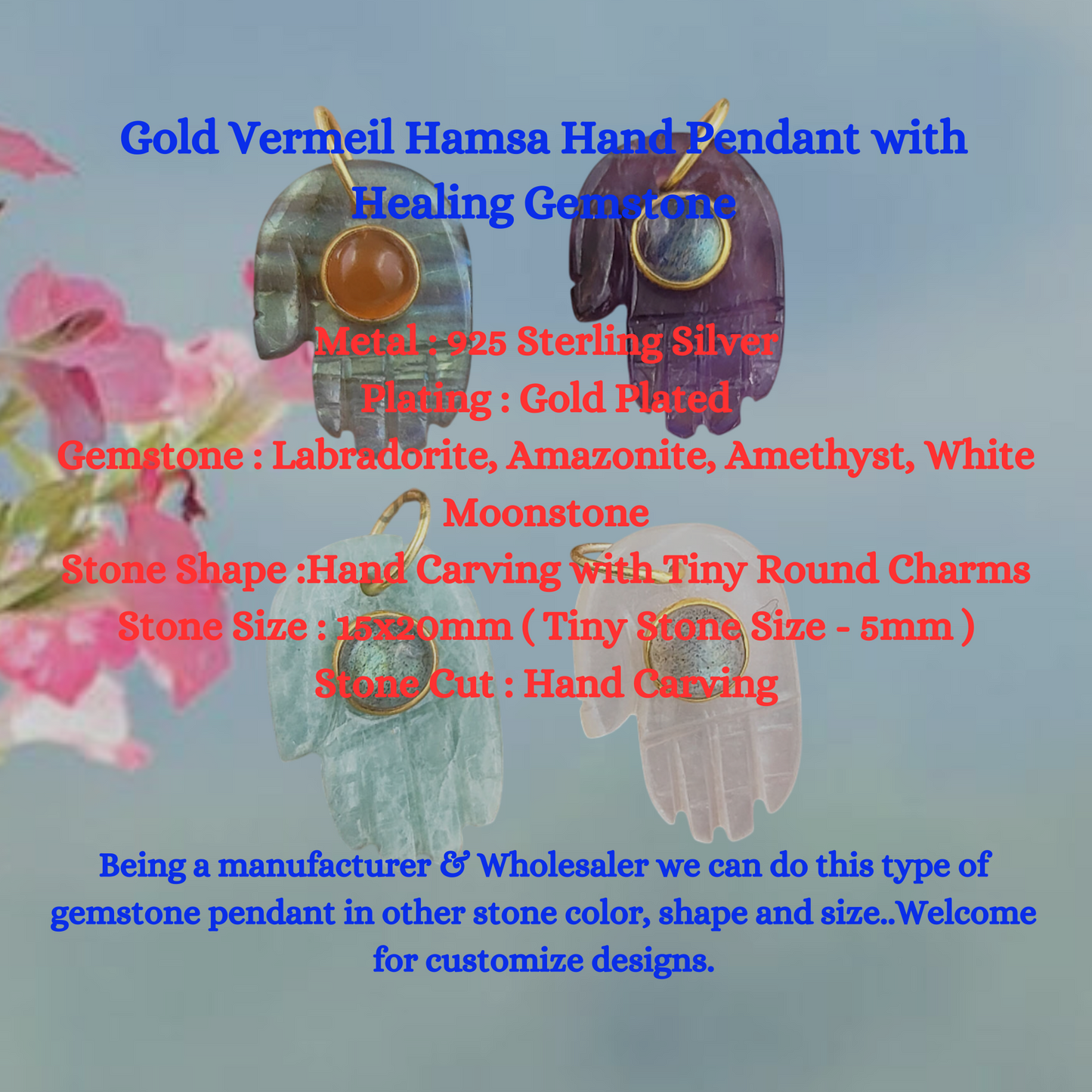 Gold Vermeil Hamsa Hand Pendant with Healing Gemstone Spiritual Jewelry Gift For Her- Selling Per Piece