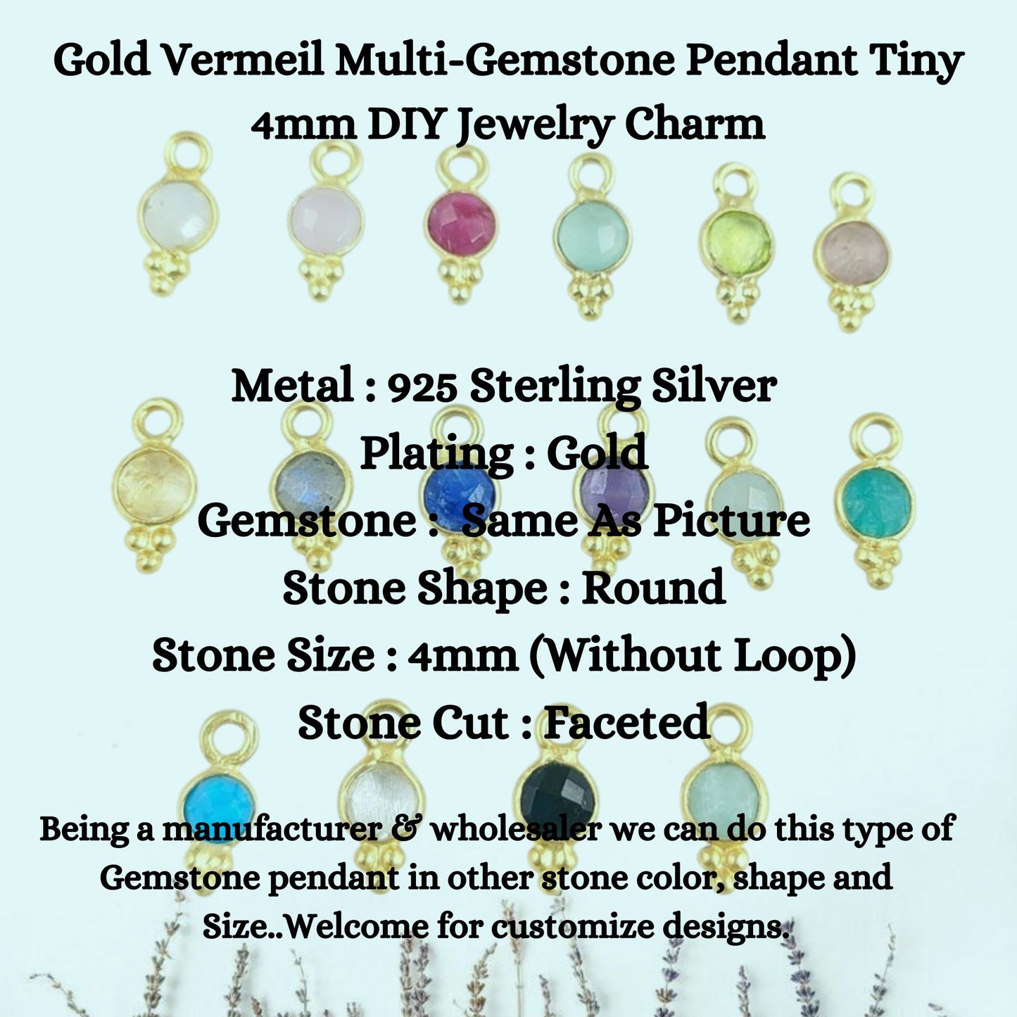 Gold Vermeil Multi-Gemstone Pendant Tiny 4mm DIY Jewelry Charm