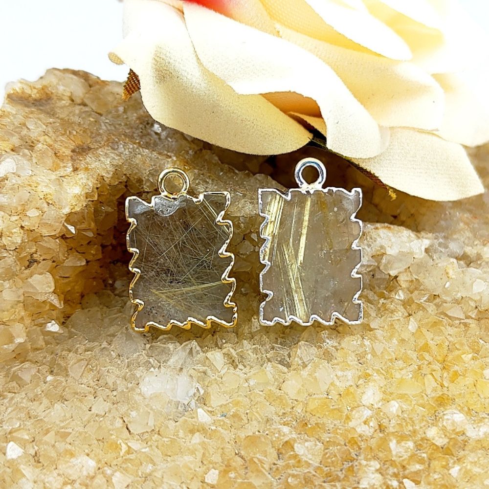 Handmade Gold/Silver Electroplated Slice Zig Zag Pendant 16x12mm Rectangle Multi Gemstone Minimalist Jewelry For Women- Selling Per Piece