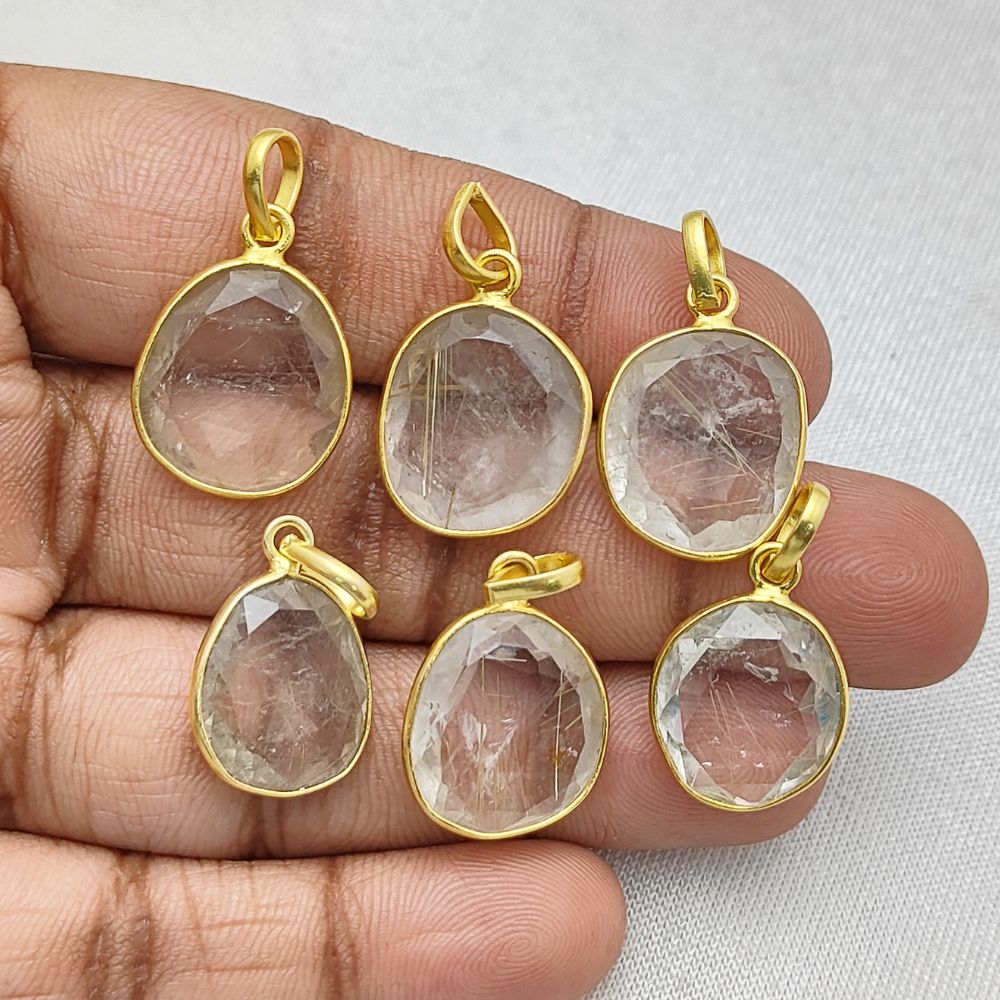 Golden Rutile Quartz Pendant 10-15mm Uneven Shape Gold or Silver Plated Handmade Jewelry