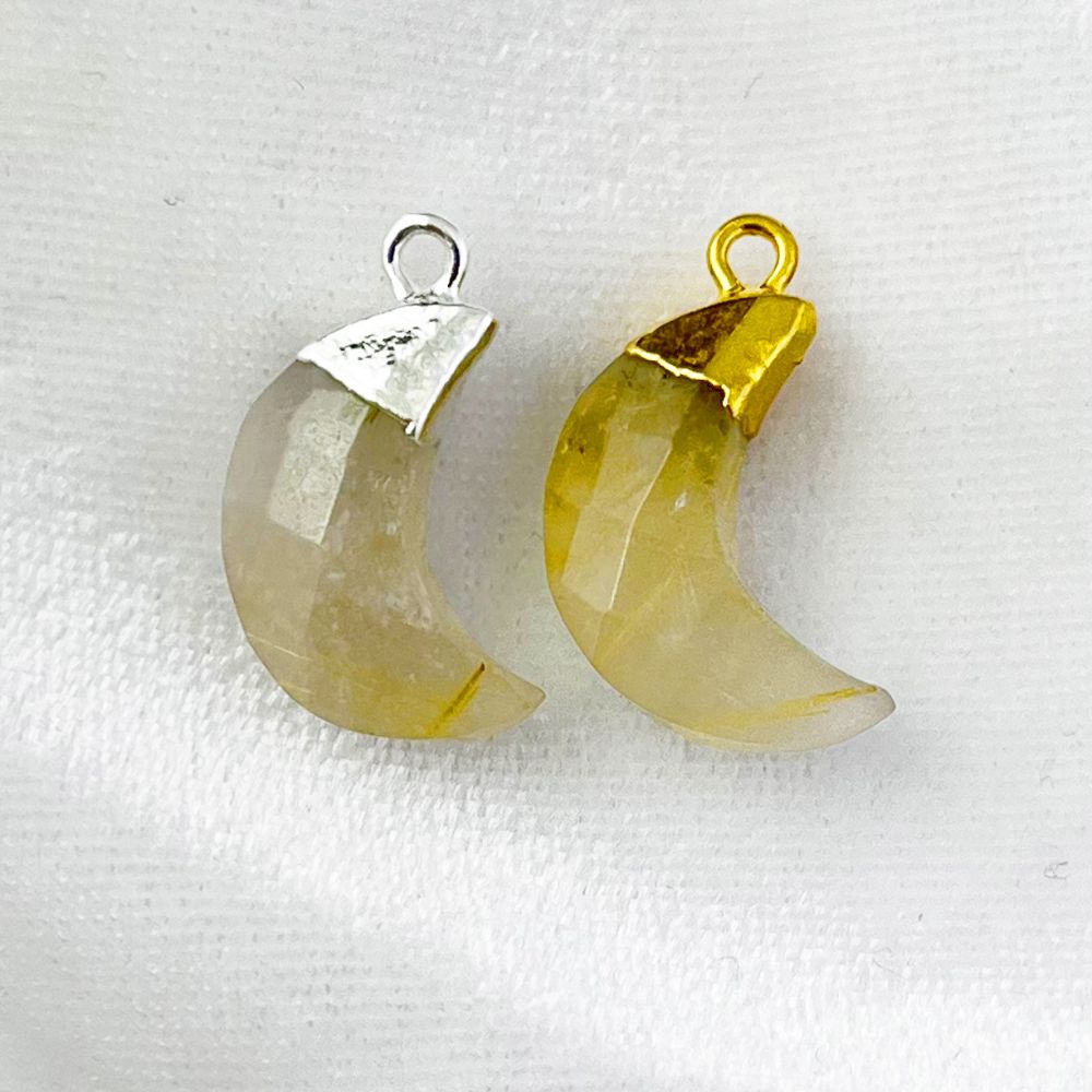 Golden Rutile Crescent Moon Pendant Gold/Silver Capped Gemstone Charm for Jewelry Making