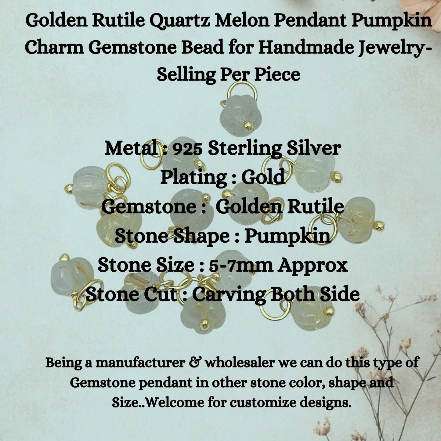 Golden Rutile Quartz Melon Pendant Pumpkin Charm Gemstone Bead for Handmade Jewelry- Selling Per Piece