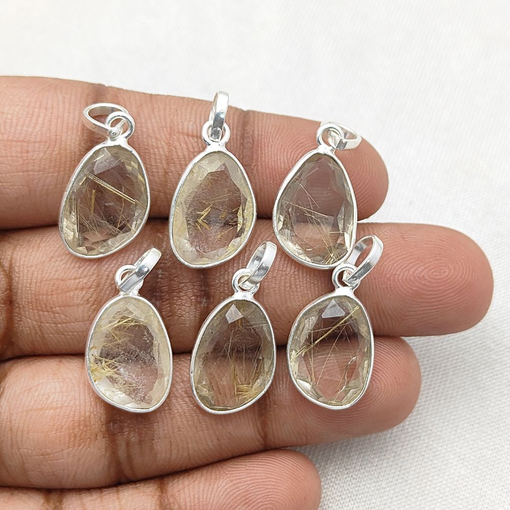 Golden Rutile Quartz Pendant 10-15mm Uneven Shape Gold or Silver Plated Handmade Jewelry
