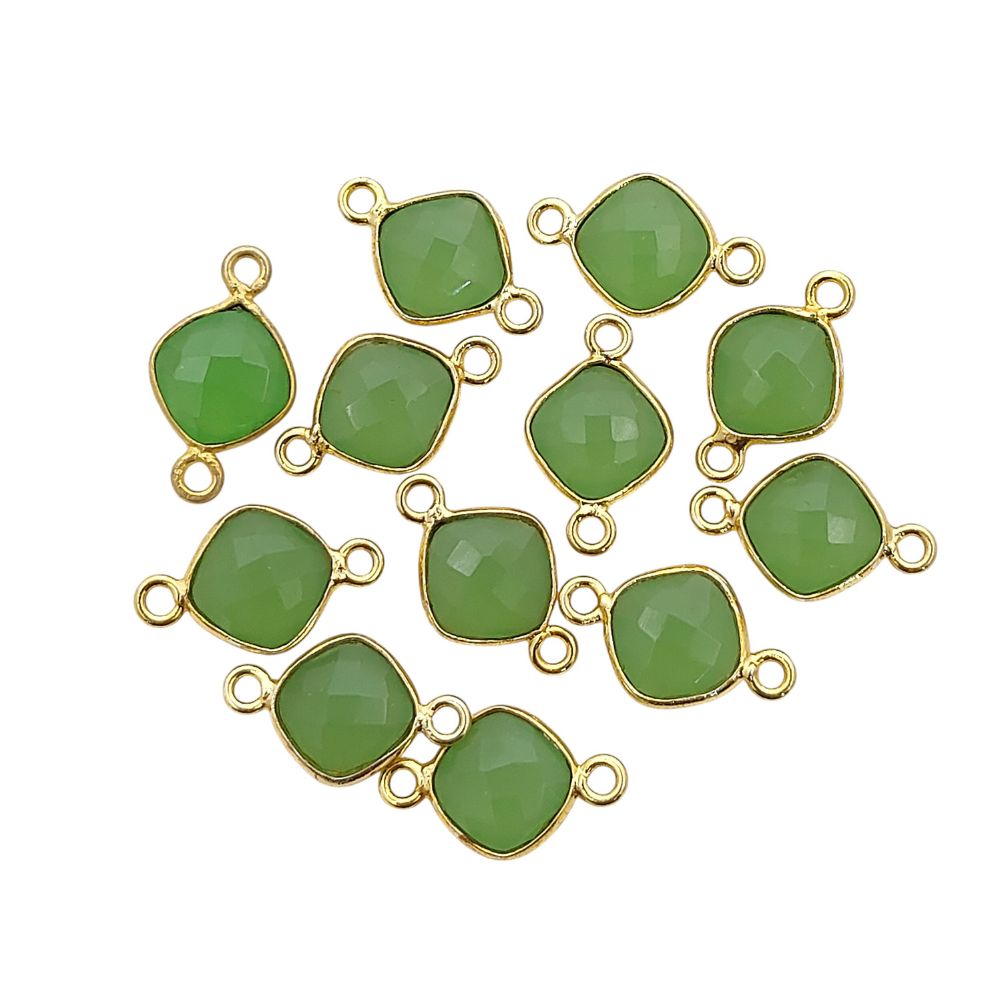 Green Chalcedony Cushion Gemstone Connector 8mm Gold Plated Dual Loop Faceted Link for DIY Jewelry- Selling Per Piece